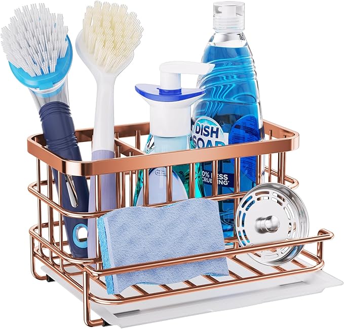 HapiRm Multifunctional Kitchen Sink Organizer, Large Sink Caddy with Drain Tray, SUS304 Stainless Steel Rustproof Sponge Holder for Kitchen Countertop - Rose Gold