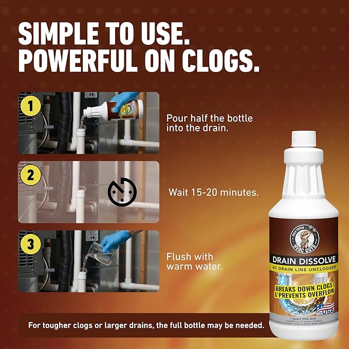 Drain Dissolve 2PK | AC Drain Line Cleaner & Unclogger | Heat Generating Alkaline Formula | Prevents Overflow | Clears Hair, Grease, Gunk - 32oz