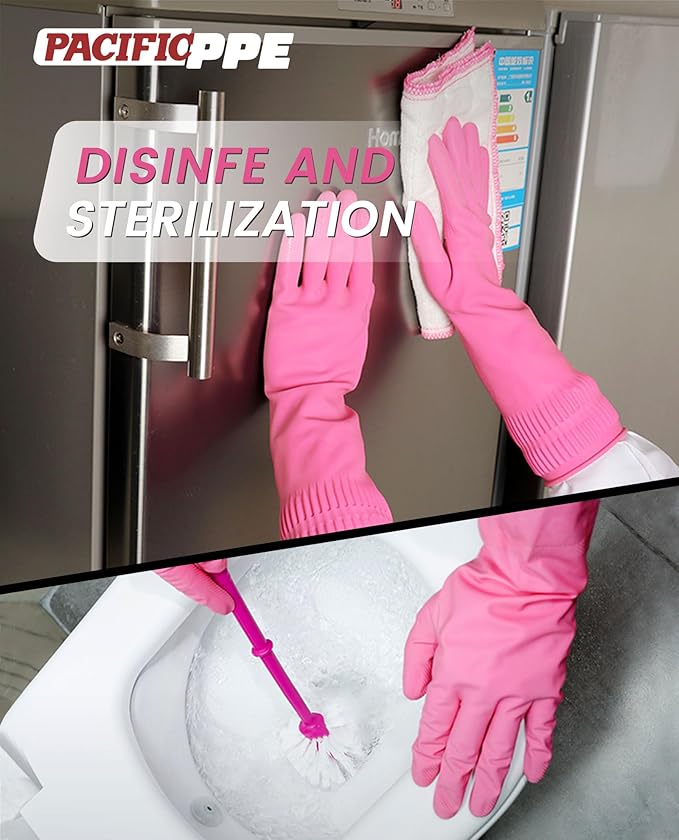 PACIFIC 2 Pairs Reusable Rubber Gloves for Washing Dishes and Cleaning Tasks, Water Resistant Household Gloves for Kitchen Bathroom, Grippy Latex Dish Washing, Pink, Meidum