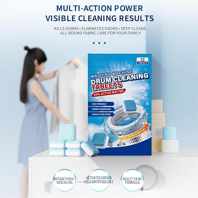 Truey Washing Machine Drum Cleaning Tablets, Deep Cleaning for Front Loader, Top Load & HE Washers, Helps Remove Odor-Causing Residues, Pet Hair & Hard Water Buildup (12 tablets)