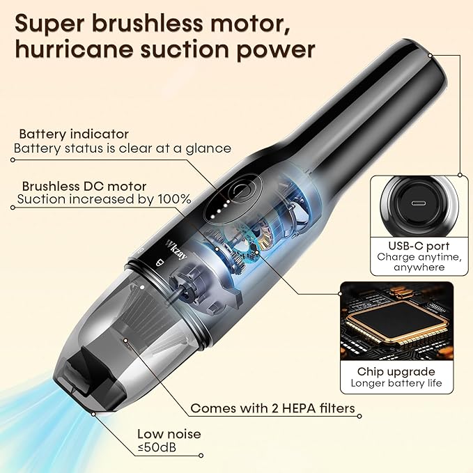 Wkzay Portable Mini Handheld Vacuum Cordless: Brushless Motor – 16,000Pa Strong Suction, Fast Charging, Low Noise, Lightweight and Portable for Home, Apartment, Dorms, Small Spaces