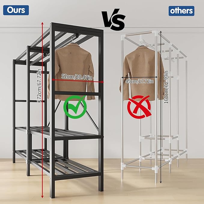 Heavy Duty Covered Clothes Rack with Magnetic Door Foldable Portable Wardrobe Closet for Hanging Clothing Rolling Black Metal Garment Rack on Wheels Closet System (Black, 74.7in)