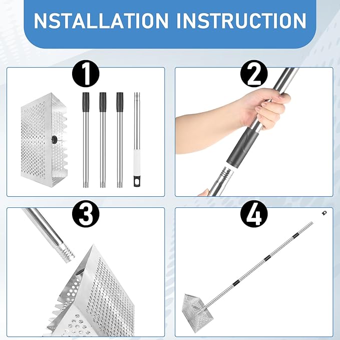 Sand Flea Rake, Long Handle Sand Sifter with 65-Inch Pole - Stainless Steel Shark Tooth Sifter, 13-Inch Wide Mesh Screen for Beach, Seaside Collecting of Fleas, Shark Teeth & Seashells
