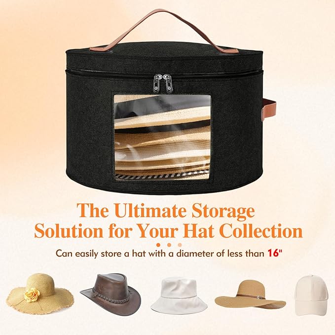 Kovpnor Round Hat Box, Stackable Felt Hat Boxes for Women Storage, Foldable Premium Hat Travel Case with Dustproof Lid, Space Saving Hat Organizer(Black)