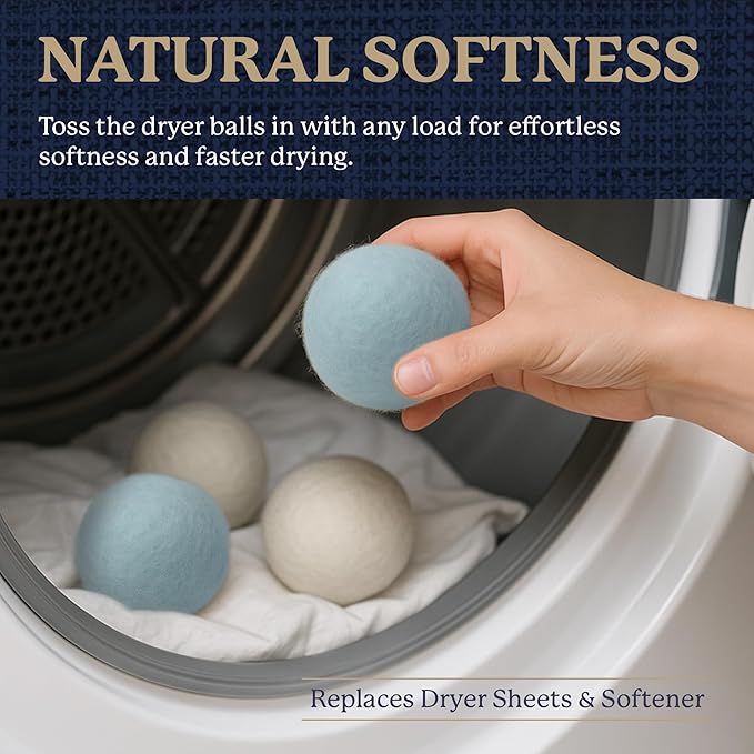 Farberware Wool Dryer Balls 4 Pack – Reusable 100% Wool Balls for Dryer – Natural Fabric Softener for Laundry, Towels & Bedding, Replaces Fabric Sheets & Liquid Softeners