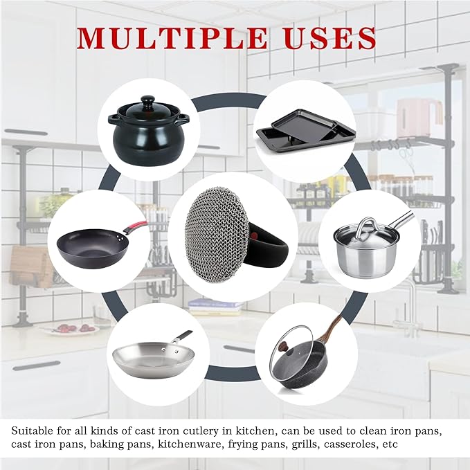 MEIXINZHI Cast Iron Cleaner, Chain Mail Scrubber & Pan Grill Scrapers - 2 in 1 Cast Iron Skillet Cleaner (Black, with mat)