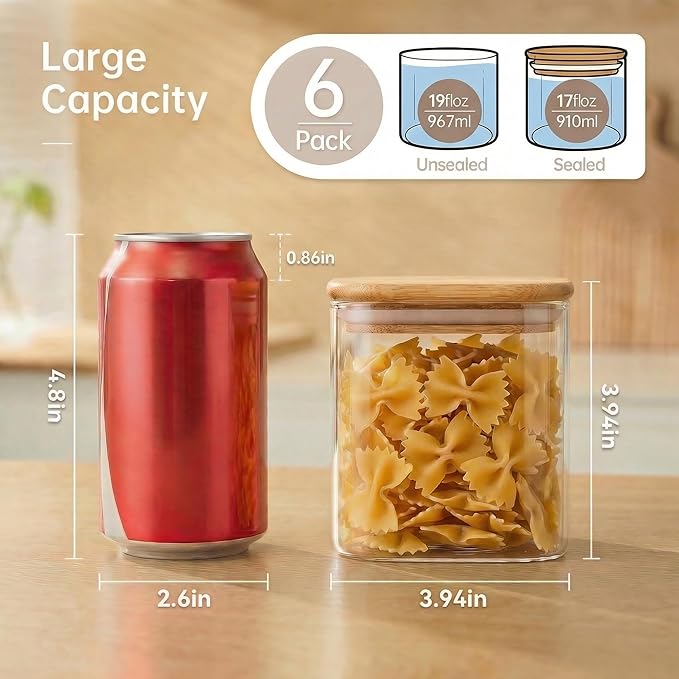 HomArtist Square Glass Jars with Bamboo Lids 27 FL OZ [Set of 6], Glass Canisters with Airtight Lids, Glass Food Storage Containers for Coffee, Sugar, Tea, Candies, Cookies,Best for Kitchen & Pantry