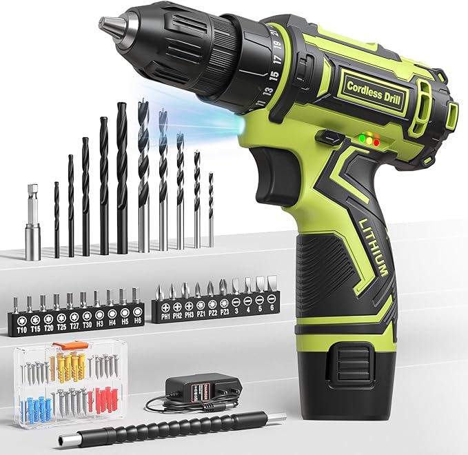 Cordless Drill Set,12V Power Drill Driver 3/8" Keyless Chuck with 92 Acessories, Built-in LED Light, 25+1 Position, Electric Drill for Home DIY Projects (Green)