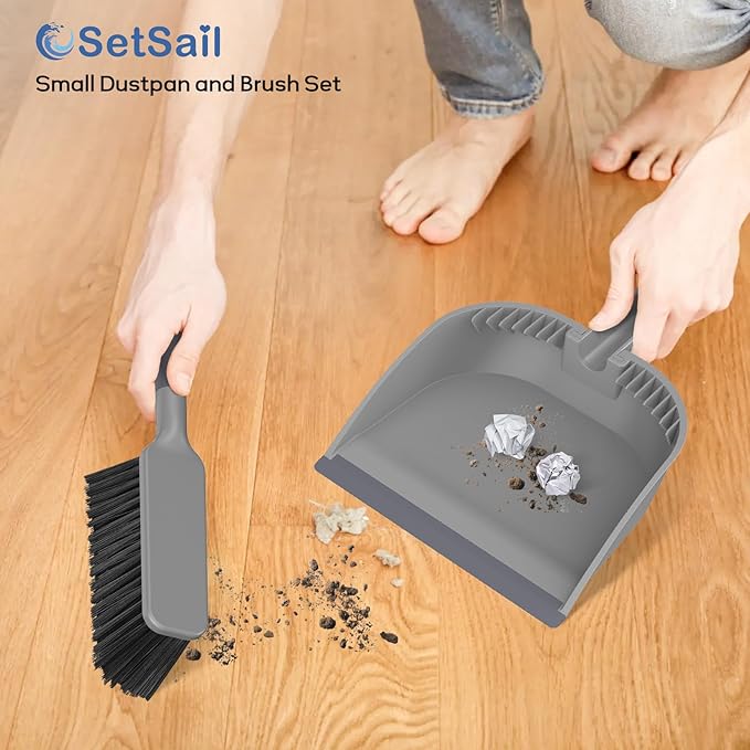 SetSail Small Dustpan and Brush Set, Nesting Snap-On Handheld Broom and Dust Pan with Teeth Portable Broom and Dustpan Set Suitable for Desktop, Pets Care, Sofa, Camping, Grey