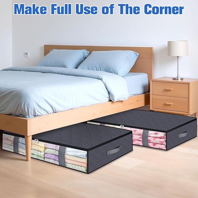 TasticTotes Under Bed Storage Containers, 2 Pack Blanket Storage Bags, Collapsible Storage Bags with Big Zippers, Clear Front, Shoe Storage and Organization for Clothes, Comforter, 90L, Grey
