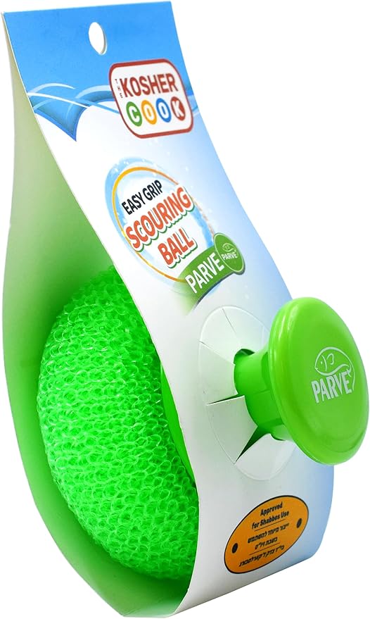Parve Green Scouring Pad with Comfortable Handle – Ergonomic Easy Grip Dishwashing Cleaning Sponge Brush – Color Coded Home and Kitchen Accessories by The Kosher Cook