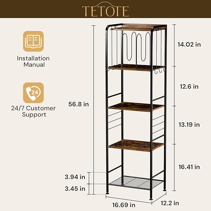 TETOTE Towel Rack for Bathroom 5-Tier Towel Holder with M-Shaped Detachable Dividers Hooks Bathroom Towel Storage Organizer, Rustic