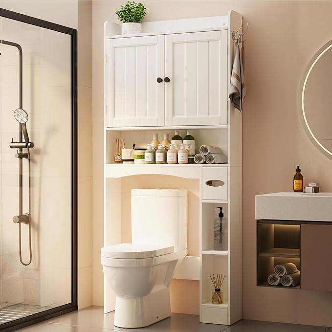 Ahomly Over The Toilet Storage Cabinet, 32.3" W x 70.3" H Over Toilet Bathroom Organizer with Doors, Adjustable Shelves, Toilet Paper Holder, 2 Side Hooks, Space-Saver for Bathroom, Laundry, White