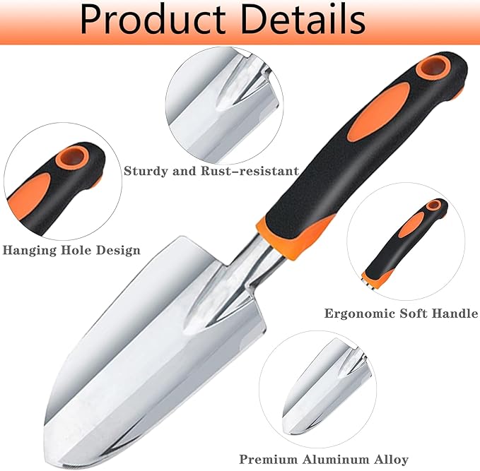 Garden Shovel Garden Hand Trowel, Heavy Duty Gardening Hand Tools with Ergonomic Handle, Rust Resistant Small Garden Spade for Diligent Farmer Soil Excavation, Planting and Transplanting (Orange)