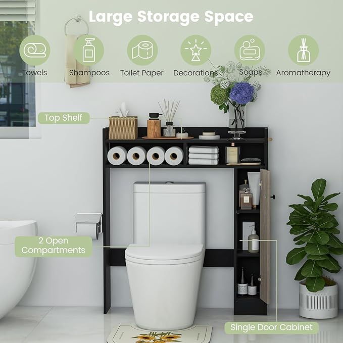 Giantex Short Over The Toilet Storage Cabinet, Bathroom Organizer w/Single Door Cabinet & Adjustable Shelves, Freestanding Space Saver Above Toilet Storage for Restroom, Laundry Room (Black+Oak)