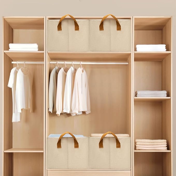 SNWDN 4 Pack Closet Cloth Storage Bins for Shelves,Large Storage Baskets for Shelves, Fabric Bins for Closet organization with Handles（ Beige 17''L x 12''W x 10''H）