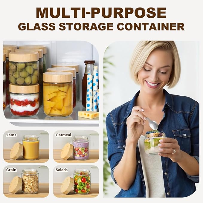 6 Pack 16oz Glass Jars with Bamboo Lids, Overnight Oats Containers with Airtight Lids, Storage Containers Wide Mouth Mason jars for Salad,Yogurt, Sugar, Snacks, Spices