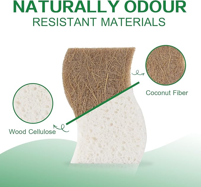 Natural Kitchen Sponge,12 Pack Kitchen Dish Sponge with Coconut Fiber and Compostable Cellulose, Natural Household Cleaning Sponge for Dishes,Pots,Sinks