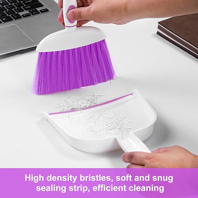 NACENA Small Dust Pan and Brush Set, Mini Broom and Dustpan Set Small Hand Broom and Brush Combo Dust Pan with Teeth for Home Cleaning Drawers Desktop Sofas and Outdoor, Purple