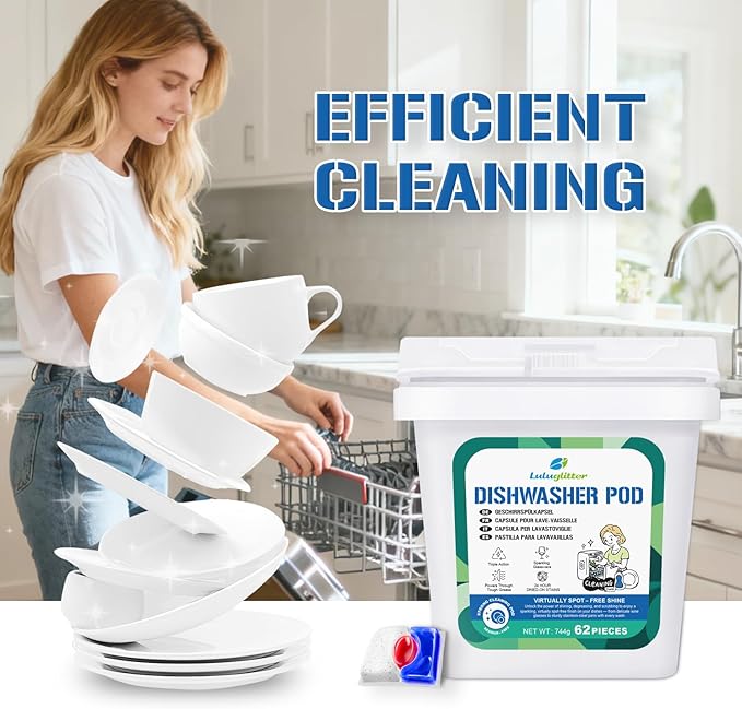 Dishwasher Pods 62 Count, Scrubbing Power, No Pre-Rinse Dishwasher Detergent Soap Removes Burnt-On Stain