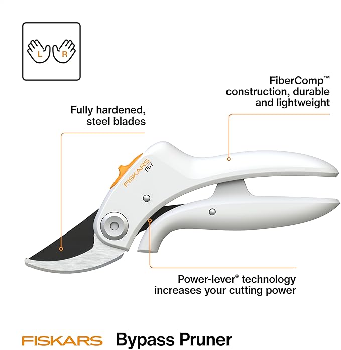 Fiskars Bypass Pruner with PowerLever, Lightweight Garden Shears, White