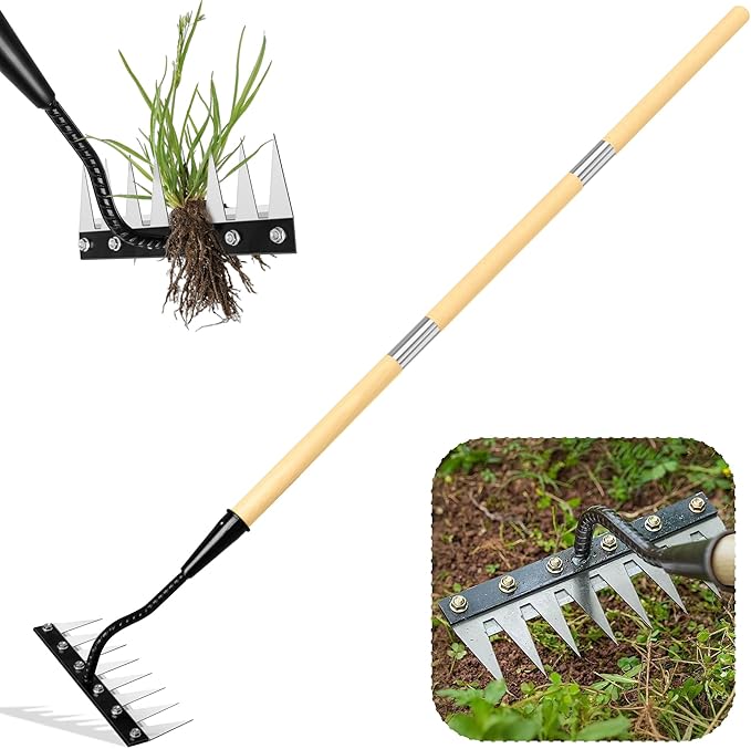 Iron Weeding Rake with Handle 2.0, Upgraded 8 Teeths Garden Weed Puller Tool Heavy Duty Gardening Tool for Lawn, Flower Beds & Soil Aeration