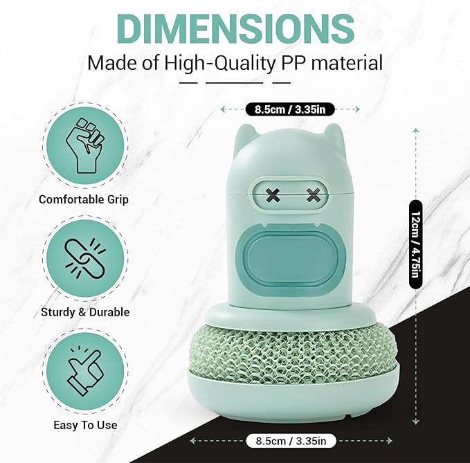 Dish Scrubber with Soap Dispenser, 2 Replaceable Sponges Included, Refillable Push-Button Handheld Sponge Scrubber, Palm Grip Kitchen Sink Cleaner for Dishes, Pots, Pans & Nonstick