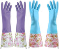 KINGFINGER Dishwashing Cleaning Gloves, 2 Pairs Reusable Rubber Gloves PVC Latex-Free Waterproof Long Cuff and Flock Lining Household Cleaning Glove(Blue + Purple)