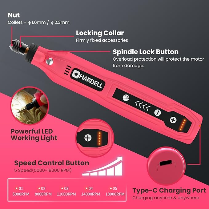 HARDELL Mini Cordless Rotary Tool, 5-Speed 3.7V Rechargeable Rotary Tool Kit with 129Accessories, USB Charging Multi-Purpose DIY Tool for Sanding, Polishing, Drilling, Engraving, Woodworking(Pink 129)