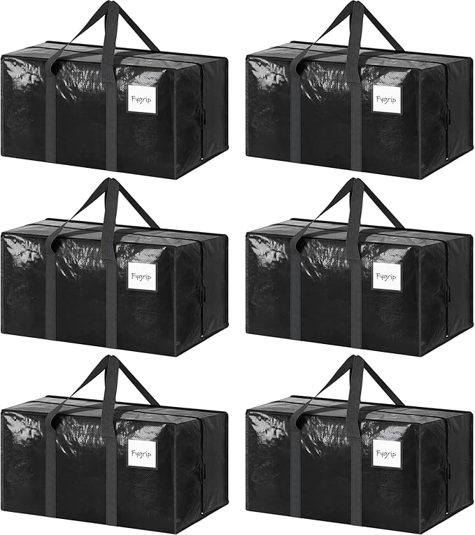 6 Pack Extra Heavy Duty Large Moving Bags with Strong Zipper & Comfortable Handles, Sturdy & Durable Clothes Storage Bags Totes Bins, Packing Moving Boxes for College Supplies, Black