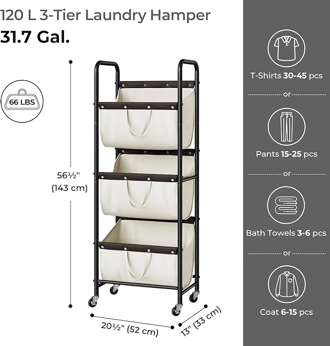 GRANNY SAYS 3 Tier Laundry Sorter, Laundry Basket with Wheels, Laundry Room Organization and Storage, 3 Section Rolling Laundry Cart for Dorm, Bathroom, Bedroom, Closet, Beige