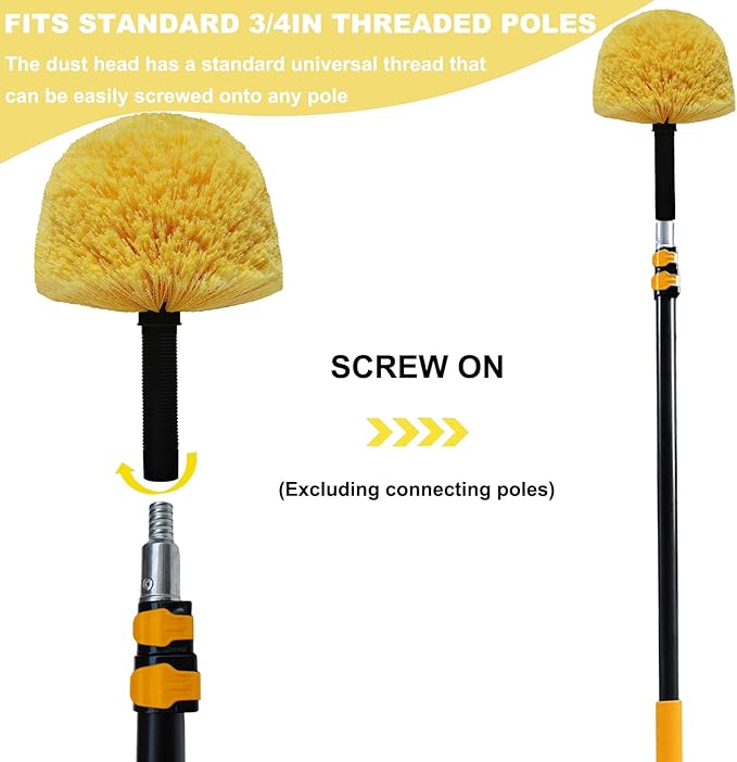 2 Pack Robust Cobweb Duster Head Brush – Superior Twist-On Web Cleaning Tool – Spider Web Remover Brush Compatible with Standard 3/4 Inch Threaded Poles for Outdoor & Indoor Use – Head Only (Yellow)
