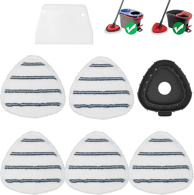 Flat Mop Head Replacements, Microfiber Mopping Pads Refills, 5-Pack Spin Mop Pads + 1 Plastic Pad &1 Scrape for Floor, Wall & Ceiling Cleaning - Fits EasyWring & RinseClean Systems