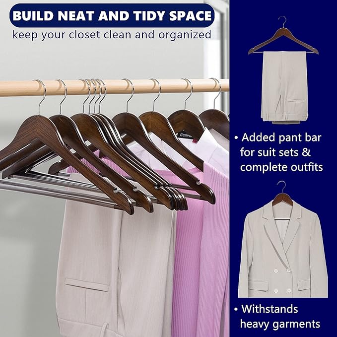 Amber Home 30 Pack Walnut Wooden Coat Hangers, Vintage Wood Suit Hangers with Non-Slip Pant Bar, Clothes Hangers for Closet Organization, Shirts, Jackets, Dresses, and Pants (Retro, 30)