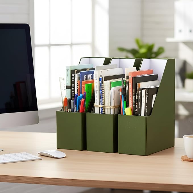 Gueevin Set of 6 Magazine File Holder Stylish Sturdy Cardboard File Boxes Desk Magazine Organizer Rack with Gold Label Holder to Organize Your Desk or Shelves for Home Classroom Office Library(Green)