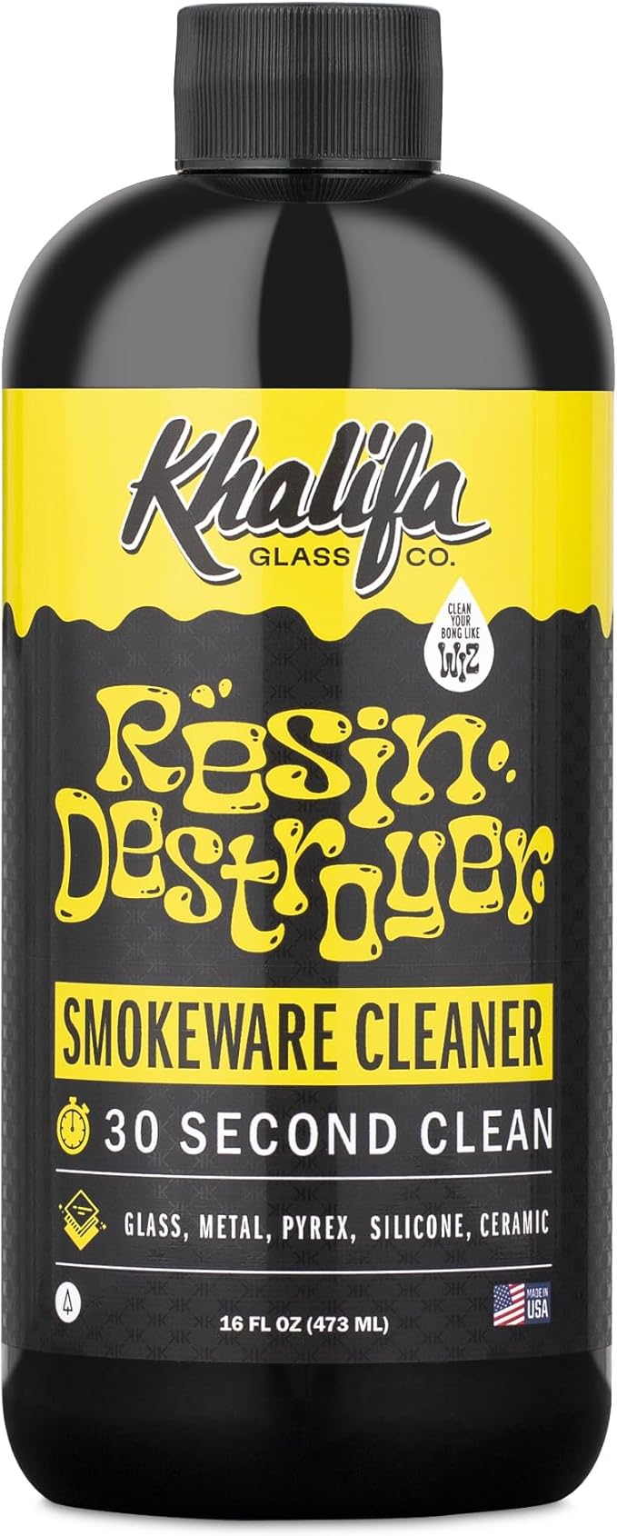 Khalifa Resin Destroyer Cleaning Solution One 16 Fl Oz Bottle - Clean & Deodorize Glass, Ceramic, Silicone & Metal - Restore Your Pieces to Perfection - Destroy Resin, Wax, Oil & Stinky Debris