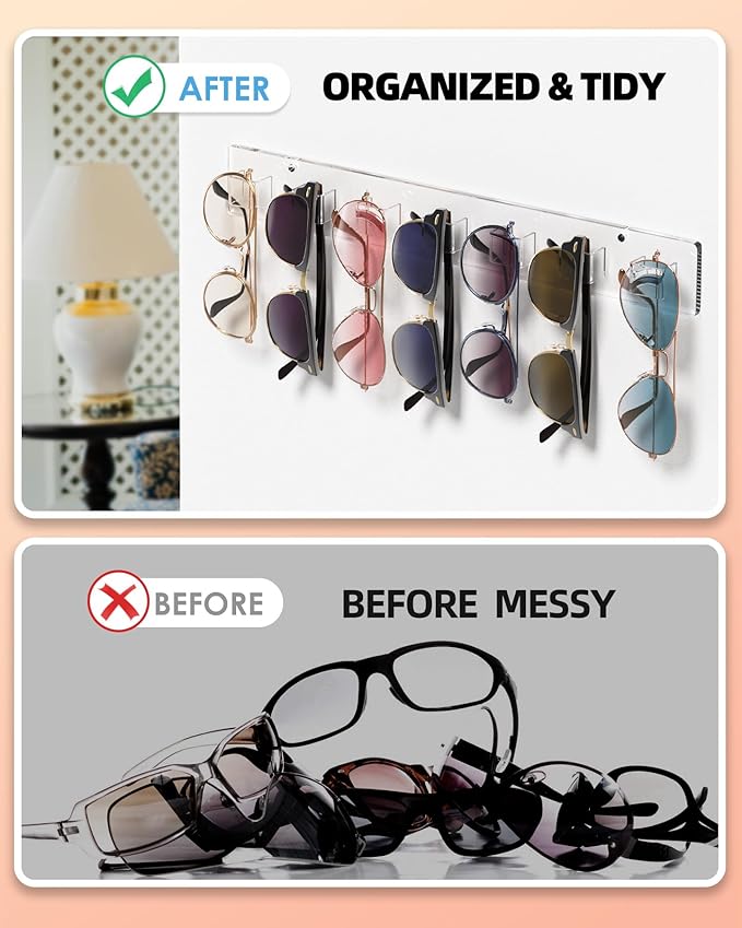 MaxGear Sunglasses Organizer Wall Mount, 2-Pack Acrylic Eyewear Display Holder with 14 Slots, for Glasses/Sunglasses Storage, Includes Adhesive Tape & Screws, Clear Wall Mounted Shelf for Closet, Door