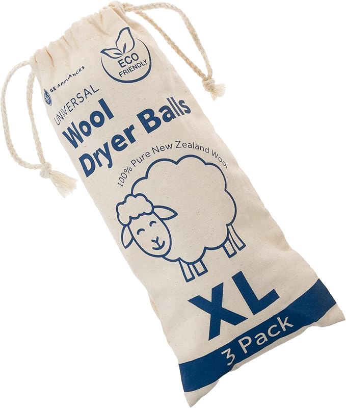 GE Appliances Wool Dryer Balls, XL Reusable Natural Fabric Softener Made of 100% Pure New Zealand Wool, Set of 3