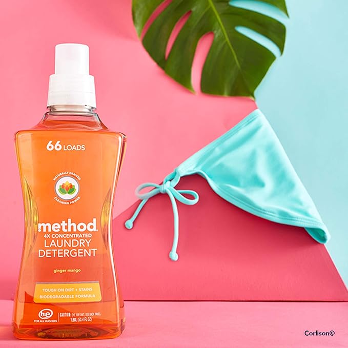 Method Liquid Laundry Detergent, Ginger Mango, 66 Loads Per Bottle, Hypoallergenic + Stain Remover, 53.5 Fl Oz (Pack of 2)