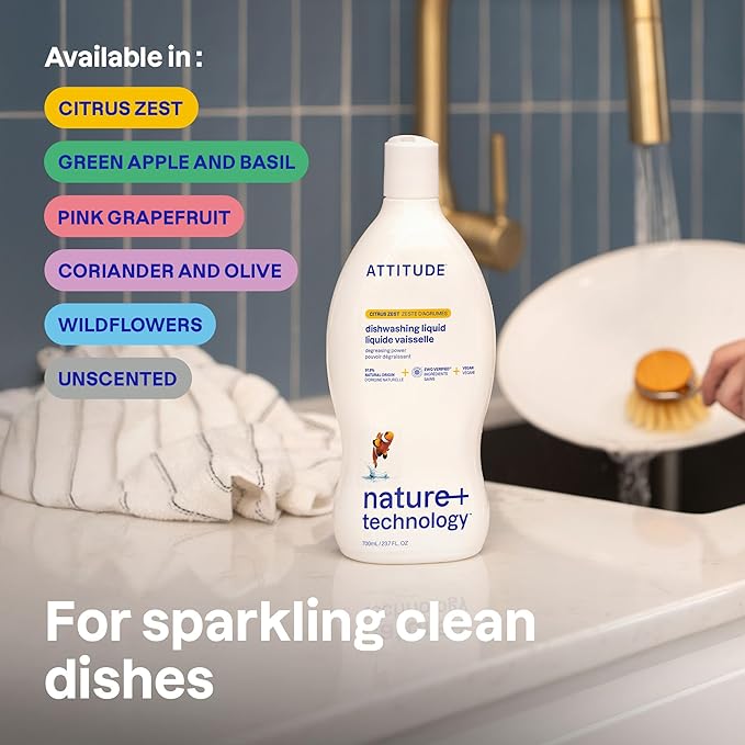 ATTITUDE Dish Soap,EWG Verified,Plant-Based & Vegan Dishwashing Liquid,Naturally Derived,Wildflowers Scent,23.7 Fl Oz,(Pack of 2)