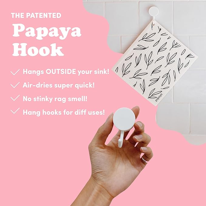 Papaya Reusable Paper Towels, Premium Swedish Dishcloths with Hook, Non-Scratch Reusable Paper Towel, 1 Sheet Replaces 17 Rolls - 2 Sheets, 1 Hook