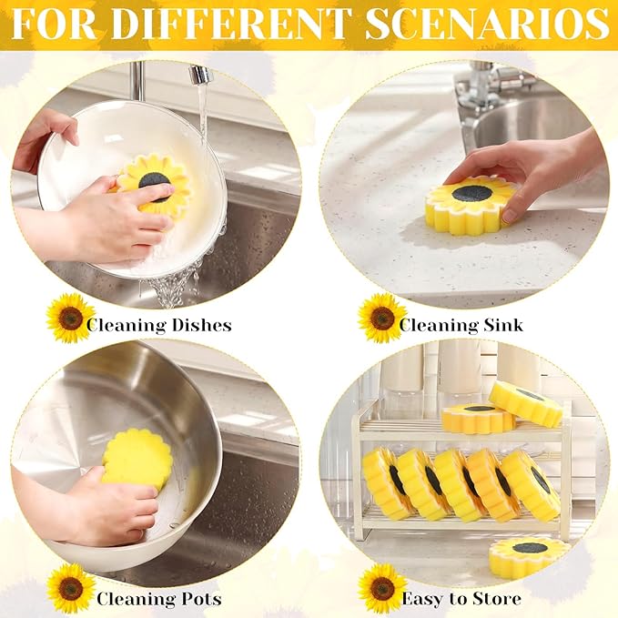 Tioncy 12 Pack Sunflower Kitchen Sponges Bulk Dual Sided Scrubber Yellow Sunflower Sponges Dishwashing Kitchen Cleaning Accessories for Funny Christmas Holiday Household Supplies