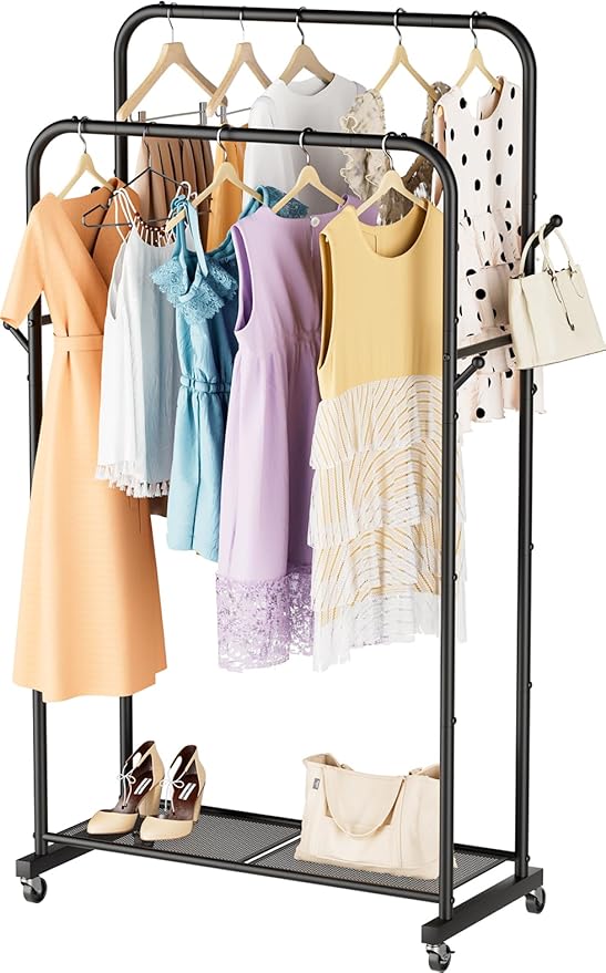 SINGAYE Clothes Rack Garment Clothing Hanger：Coat Rack Metal Double Bar Freestanding for Hanging Clothes Portable With Wheels Rolling Closet for Laundry Bedroom Drying Black