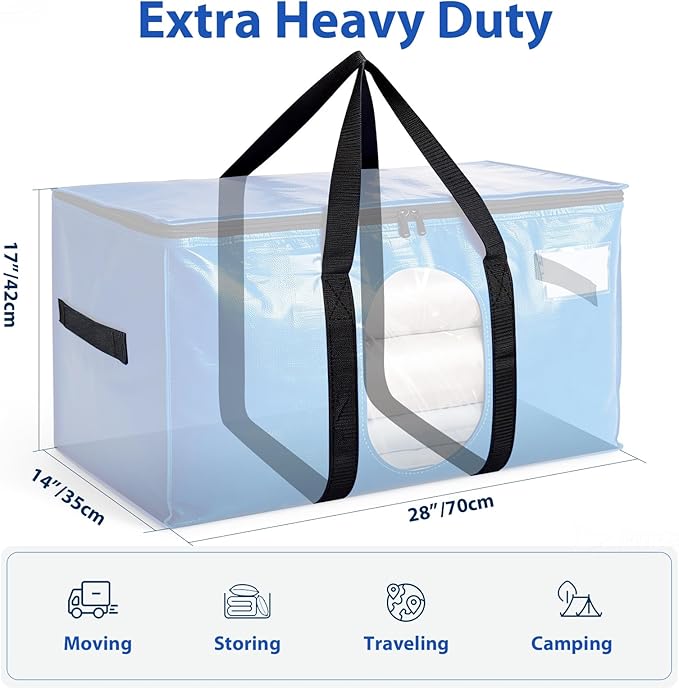 4 Pack Extra Large Moving Bags, Heavy Duty PE Woven Storage Totes with Visible Window & Wrap Around Handles, Reusable Space-Saving Alternative for Home Relocation & Storage