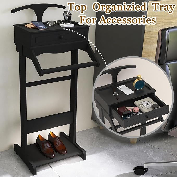 Wood Mens Valet Stand,Freestanding Suit Stand&Clothes Butler Valet Stand with Hanger,Tie&Belt Hooks,Shoe Rack,Storage Organizer for Keys,Watches,Wallet,Jewelry in Entrance,Bedroom (Styel 3, Black)