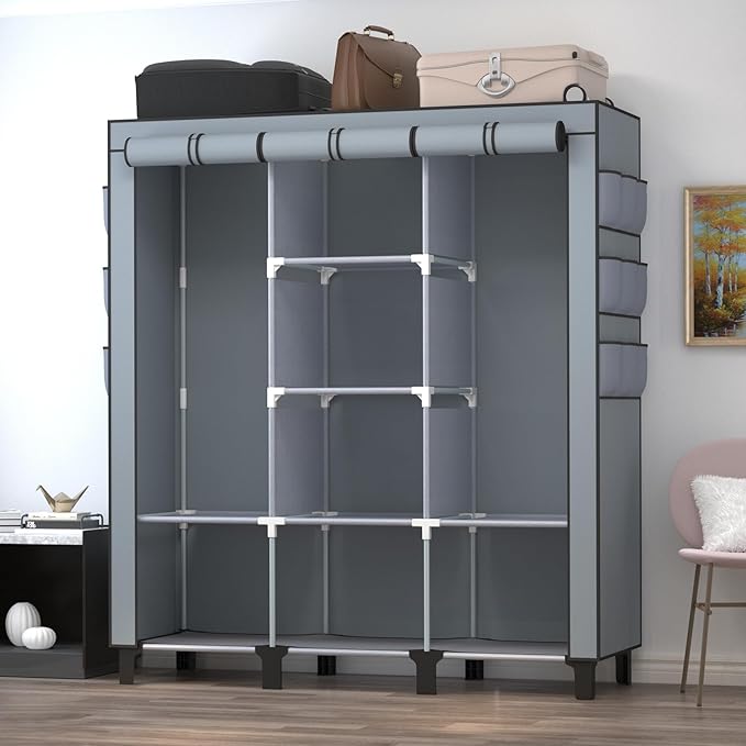 Portable Wardrobe with 10 Storage Racks and 2 Hanging Poles, 6 Side Pockets Non-Woven Cover, Size 130 x 45 x 172 cm, Bedroom Closet Organizer (Gray)