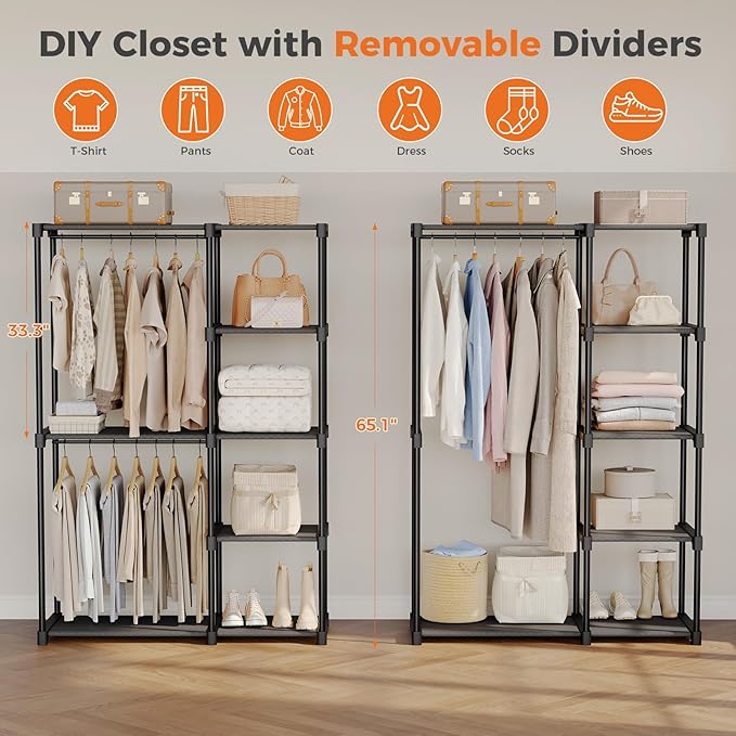 OLIXIS Portable Wardrobe Closet with Hanging Rods, 44 Inch Portable Clothing Rack with Shelves, Heavy Duty Clothes Rack, Freestanding Closet Organizer