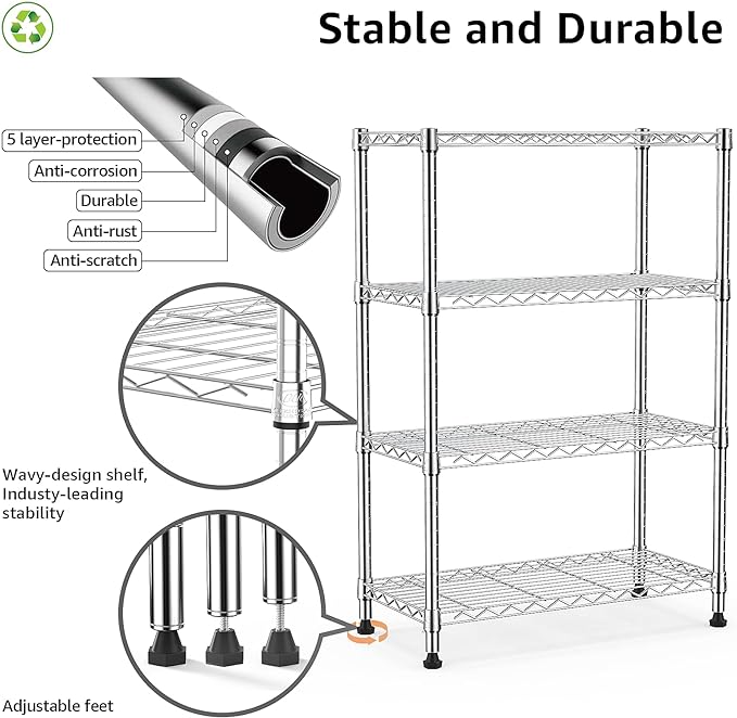 M MZG 1000 lbs Storage Shelving 4-Tier Utility Shelving Unit Steel Organizer Wire Rack for Home,Kitchen,Office,Chrome (13.7" D x 23.6" W x 53.4" H)