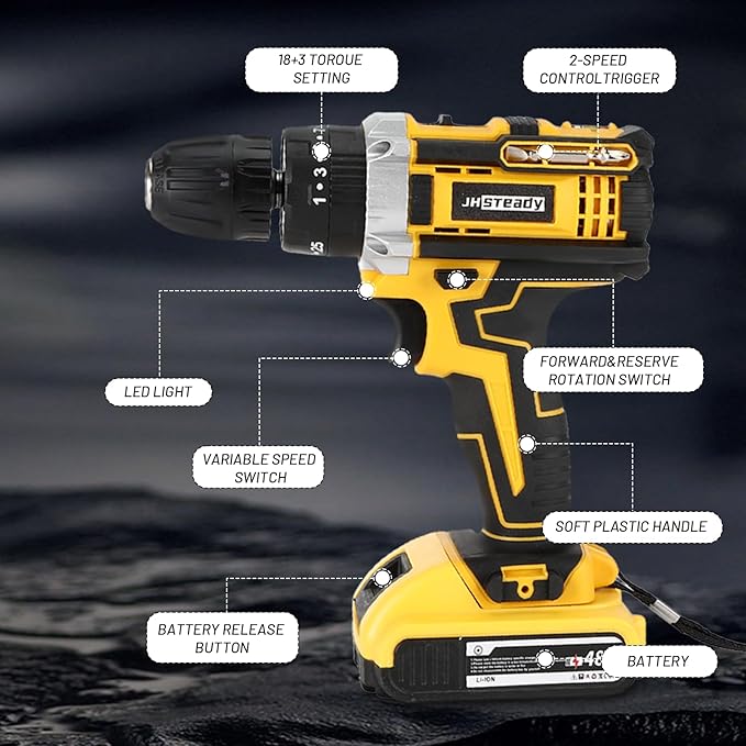 136pcs Heavy-Duty Cordless Drill & Tool Set with 2 Batteries, All-in-One Hand Tool Set，Lithium-Ion Drill Press, Screwdrivers, Bits, Wrenches, Pliers Electric (21V Brushless Drill +2*Battery)