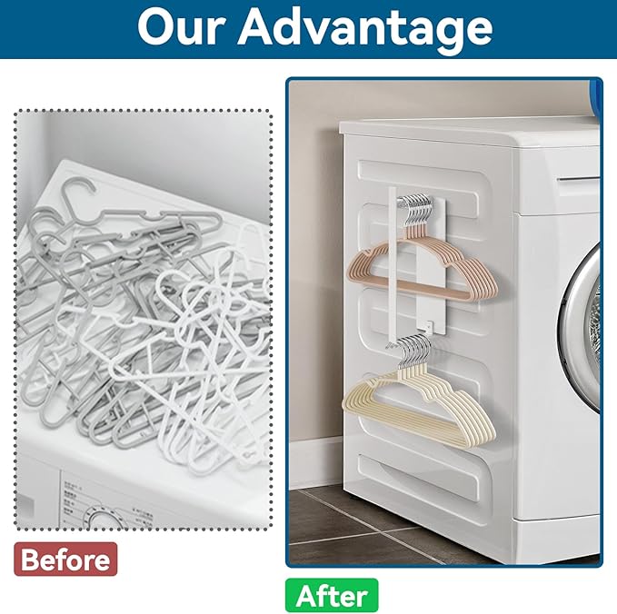 Magnetic Hanger Organizer, Strong Magnetic Hanger Holder for Laundry Room Washer, Capacity Upgrade Hangers Storage Stacker Holds up to 40 Metal Hangers White 1Pack